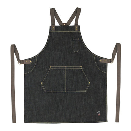 Winco BADN-3126 Blue Dark Wash Denim 31 3/4" L x 26 3/4" W Signature Chef Heavyweight Poly-Cotton Full-Length Bib Apron With Brown Cross-Back Straps, 2 Slanted Waist Pockets And 1 Pen Pocket