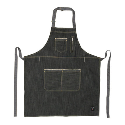 Winco BADN-3430 Blue Dark Wash Denim 34 1/2" L x 30 1/4" W Signature Chef Heavyweight Poly-Cotton Full-Length Bib Apron With Adjustable Neck Strap, Cell-Phone Pocket, Open Chest Pocket And 2 Vertical Waist Pockets