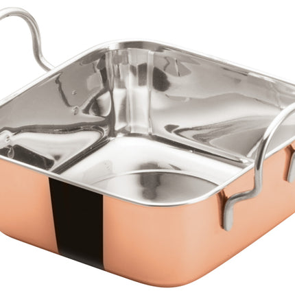 Winco DDSB-201C Copper Plated Steel 4-1/2" x 4-1/2" Mini Roasting Pan Serving Dish with 2 Handles