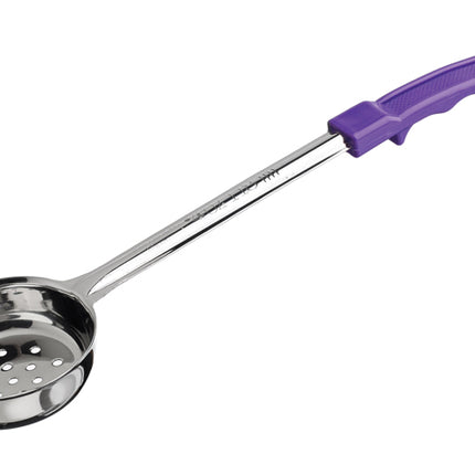Winco FPP-2P 2 oz. Allergen Free Purple Handle One-Piece Perforated Portion Spoon/Spoodle