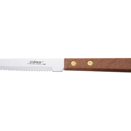 Winco K-55W 4-1/2" Rounded Serrated Steak Knife With Wooden Handle