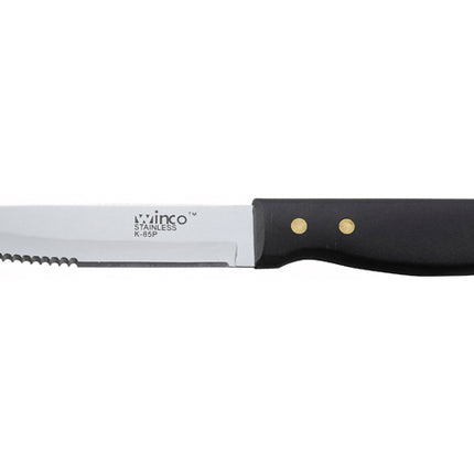 Winco K-85P 5" Jumbo Stainless Steel Steak Knife with Curved Poly Handle and Blunt Tip - 12/Pack