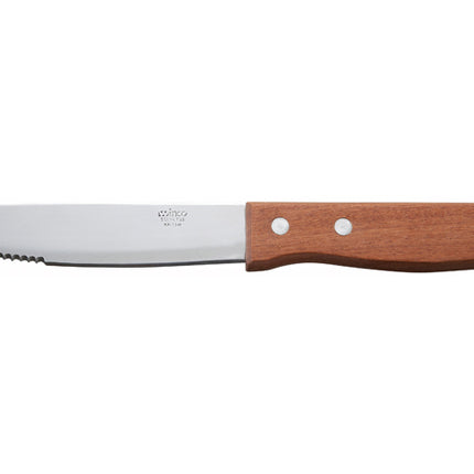 Winco KB-15W 5" Jumbo Stainless Steel Steak Knife with Wood Handle and Round Tip - 12/Pack