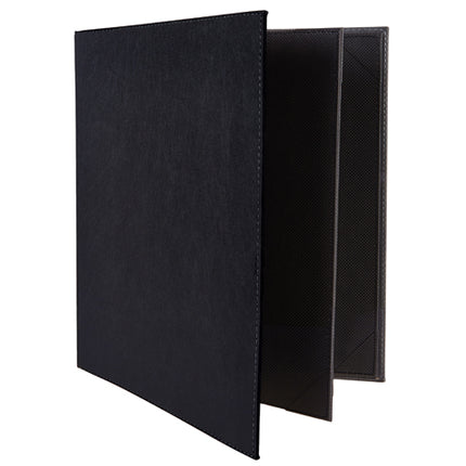 Winco LMF-811BK 8 1/2" x 11" Black Leatherette Four Panel Menu Cover