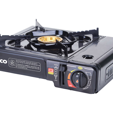 Winco PGS-1K Black Portable Butane Stove with Brass Burner and Carrying Case - 9,500 BTU