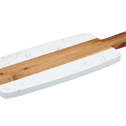 Winco SBMW-156 11-1/2" x 6" Marble and Wood Serving Board with 4-3/8" Handle