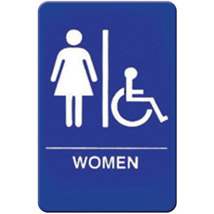 Winco SGN-651B Handicap Accessible Womens Restroom Sign - Blue and White, 9" x 6"