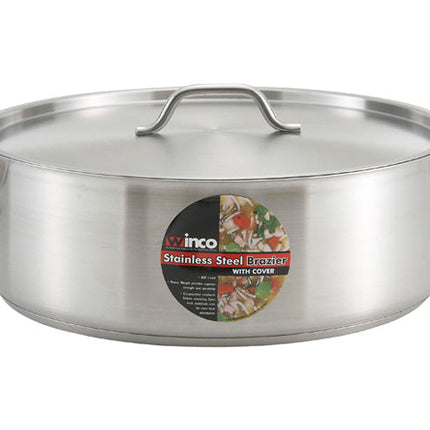 Winco SSLB-20 20 Qt. Stainless Steel Brazier with Cover and Tri-Ply Bottom