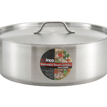 Winco SSLB-30 30 Qt. Stainless Steel Brazier with Cover and Tri-Ply Bottom