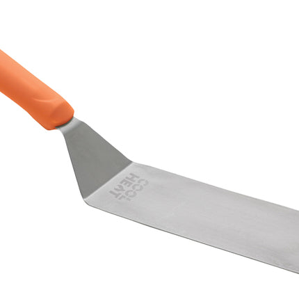 Winco TNH-90 8.25" x 2.88" Stainless Steel Offset Flexible Turner with Orange Cool Heat Nylon Handle