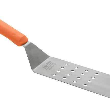 Winco TNH-91 8.25" x 2.88" Stainless Steel Perforated Offset Flexible Turner with Orange Cool Heat Nylon