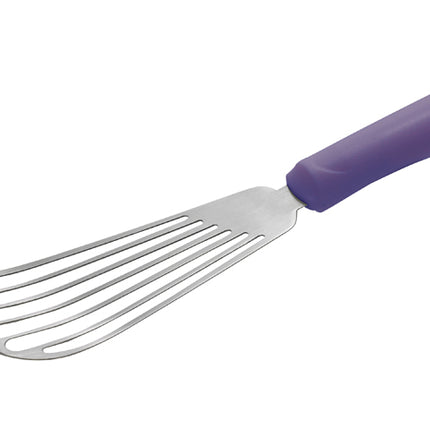 Winco TWP-60P 6.75" x 3.25" Allergen Free Purple Handle Stainless Steel Fish Spatula