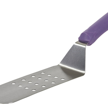 Winco TWP-91P 8.25" x 2.88" Allergen Free Purple Handle Stainless Steel Offset Perforated Flexible Turner