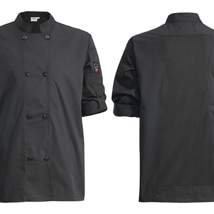 Winco UNF-12KL Signature Chef Large Black Ventilated Chef Jacket with Roll-Tab Sleeves, Tapered Fit