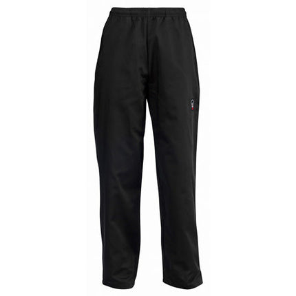 Winco UNF-2KS Black Small Signature Chef Relaxed Universal Fit Poly/Cotton Elastic Drawstring Waist Chef Pants With 2 Side-Seam Pockets