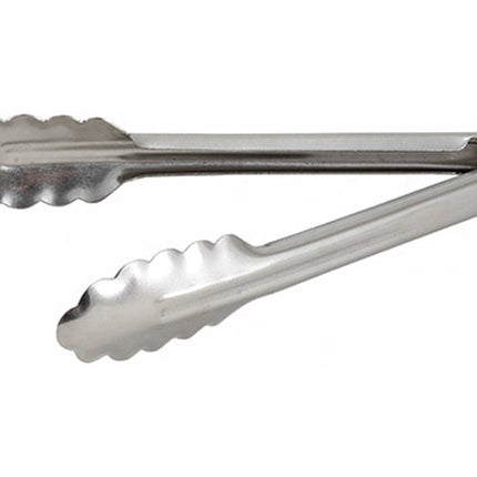 Winco UT-7 Table Service Heavyweight 7" Long 0.9 mm Thick Stainless Steel Coiled-Spring Scalloped-Edge Utility Tongs