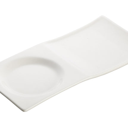 Winco WDP012-101 Tenora Bright White 8" x 3 3/4" Rectangular Porcelain Tray with One Circular Well