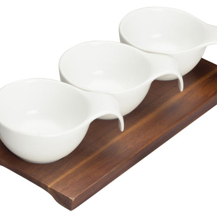 Winco WDP015-102 Newry Porcelain 9 3/8" x 4" Trio Bowl Set with Wooden Plate