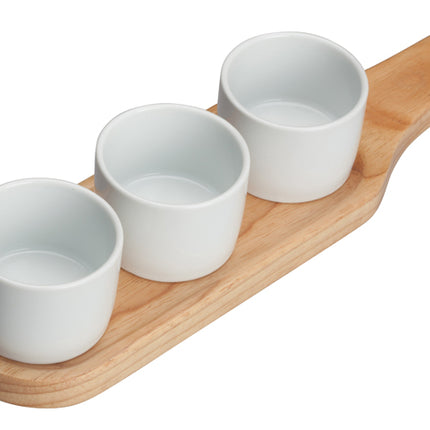 Winco WDP015-103 Newry Porcelain 11 5/8" x 3 1/8" Bright White Trio Bowl Set with Wooden Plate