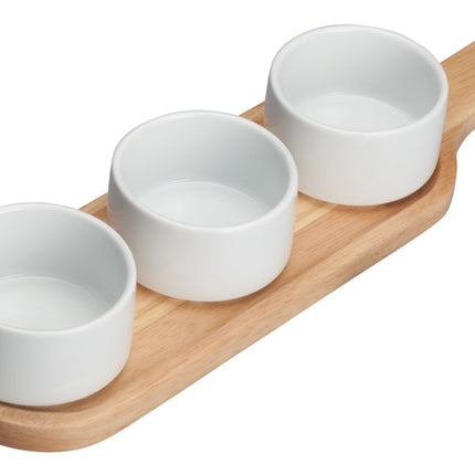 Winco WDP015-104 Newry Porcelain 15 1/4" x 4 1/8" Trio Bowl Set with Wooden Plate