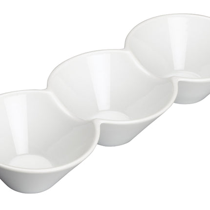 Winco WDP017-102 Loures Durable White 13 1/4" x 5" 3-Compartment Porcelain Trio Bowl