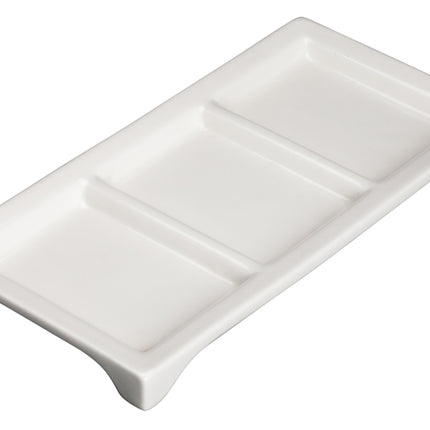 Winco WDP017-108 Loures Bright White 10" x 5" Rectangular 3-Compartment Porcelain Trio Tray