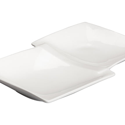 Winco WDP017-109 Loures Bright White 13 7/8" x 8" 2-Compartment Porcelain Duo Plate