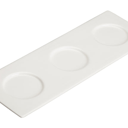 Winco WDP021-109 Mescalore Bright White 13 3/4" x 5" Rectangular Porcelain 3-Compartment Trio Tray