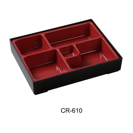 Yanco CR-610 Black & Red Melamine 10" x 7 3/4" x 1 1/2" x 2" 5 Sushi Compartment/Bento Box