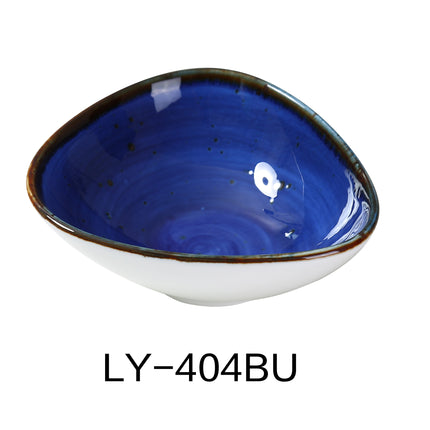 Yanco LY-404BU Lyon China 4 3/4" x 4 3/8" x 1 5/8" Triangle Sauce Bowl  5 Oz Blue