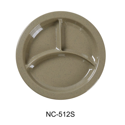 Yanco NC-512S Compartment Collection Melamine 9" 3-Compartment Plate W/Deep Beveled Foot Sand