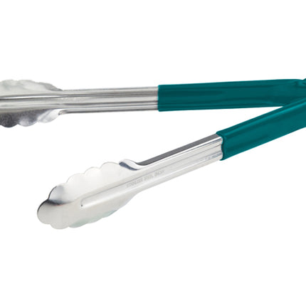Winco UT-12HP-G Green Plastic Handle 12" Long Heavy-Duty Stainless Steel Scalloped-Edge Cold Food Service Utility Tongs