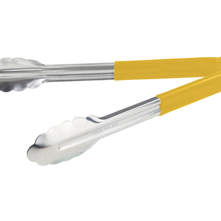 Winco UT-12HP-Y Yellow Plastic Handle 12" Long Heavy-Duty Stainless Steel Scalloped-Edge Cold Food Service Utility Tongs