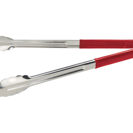 Winco UT-16HP-R Red Plastic Handle 16" Long Heavy-Duty Stainless Steel Scalloped-Edge Cold Food Service Utility Tongs