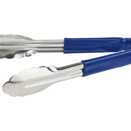 Winco UT-9HP-B Blue Plastic Handle 9" Long Heavy-Duty Stainless Steel Scalloped-Edge Cold Food Service Utility Tongs