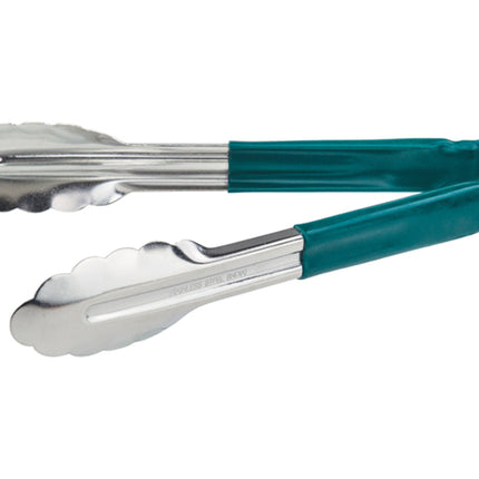 Winco UT-9HP-G Green Plastic Handle 9" Long Heavy-Duty Stainless Steel Scalloped-Edge Cold Food Service Utility Tongs