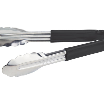 Winco UT-9HP-K Black Plastic Handle 9" Long Heavy-Duty Stainless Steel Scalloped-Edge Cold Food Service Utility Tongs