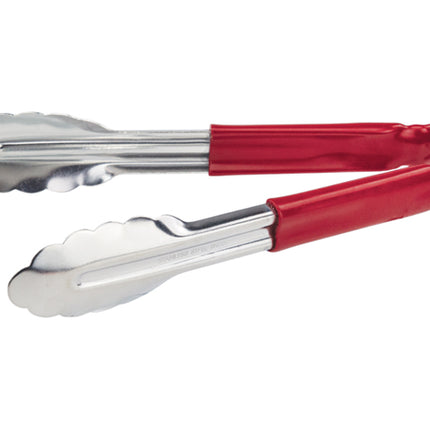 Winco UT-9HP-R Red Plastic Handle 9" Long Heavy-Duty Stainless Steel Scalloped-Edge Cold Food Service Utility Tongs