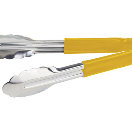 Winco UT-9HP-Y Yellow Plastic Handle 9" Long Heavy-Duty Stainless Steel Scalloped-Edge Cold Food Service Utility Tongs