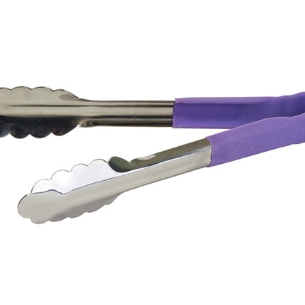 Winco UTPH-9P Allergen-Free Purple Polypropylene Handle 9" Long Heat-Resistant Heavy-Duty Stainless Steel Utility Tongs