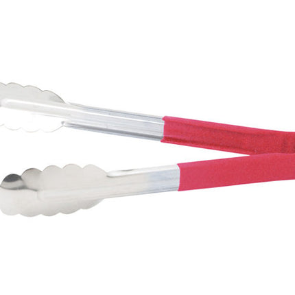 Winco UTPH-9R Allergen-Free Red Polypropylene Handle 9" Long Heat-Resistant Heavy-Duty Stainless Steel Utility Tongs